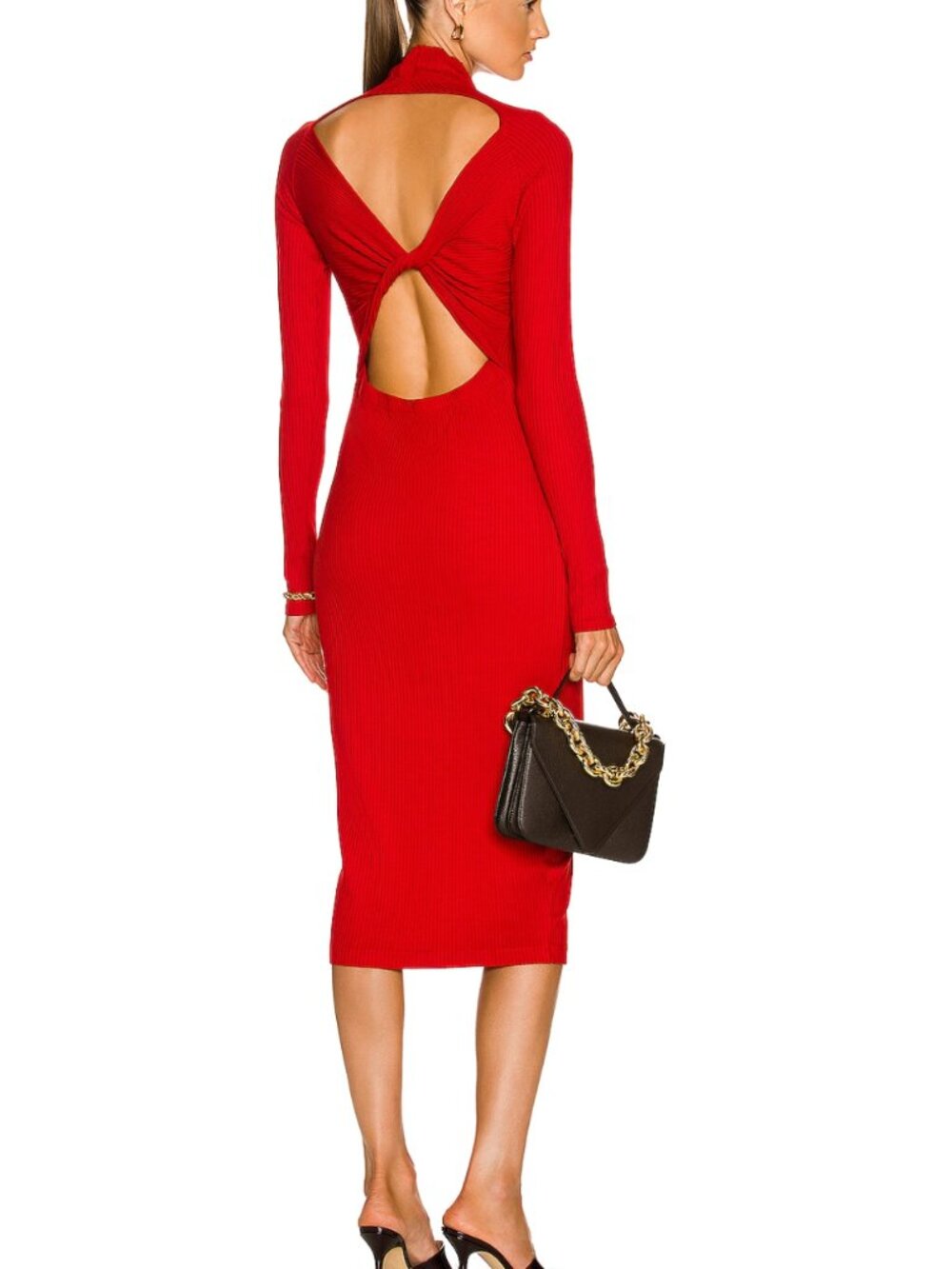 Enza Costa | Viscose Rib Twist Back Long Sleeve Midi Dress in Tomato Size Small